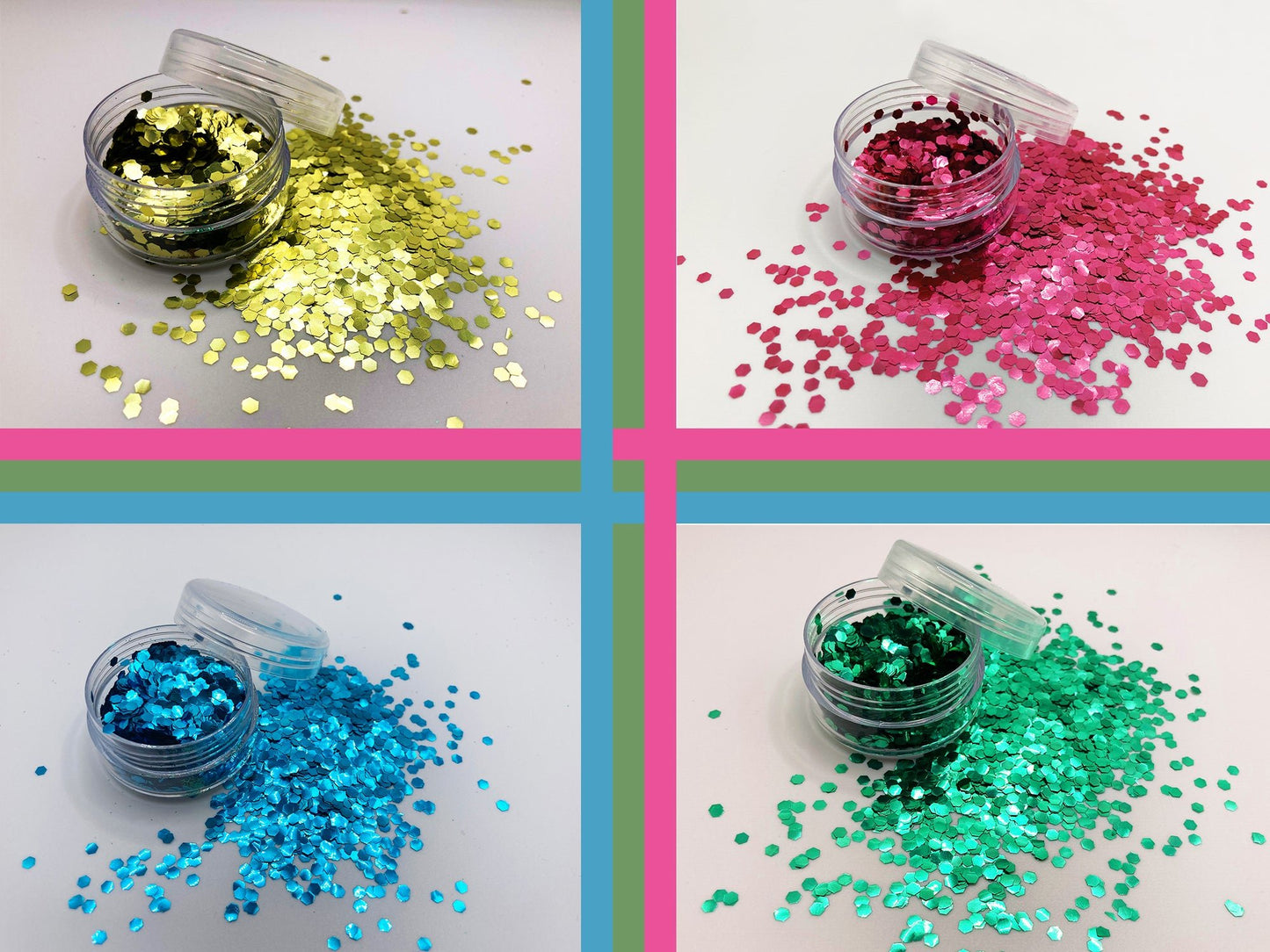 Bundle pack: blauw, groen, goud en roze biologisch afbreekbare festival glitters - EcoGlitterWorld