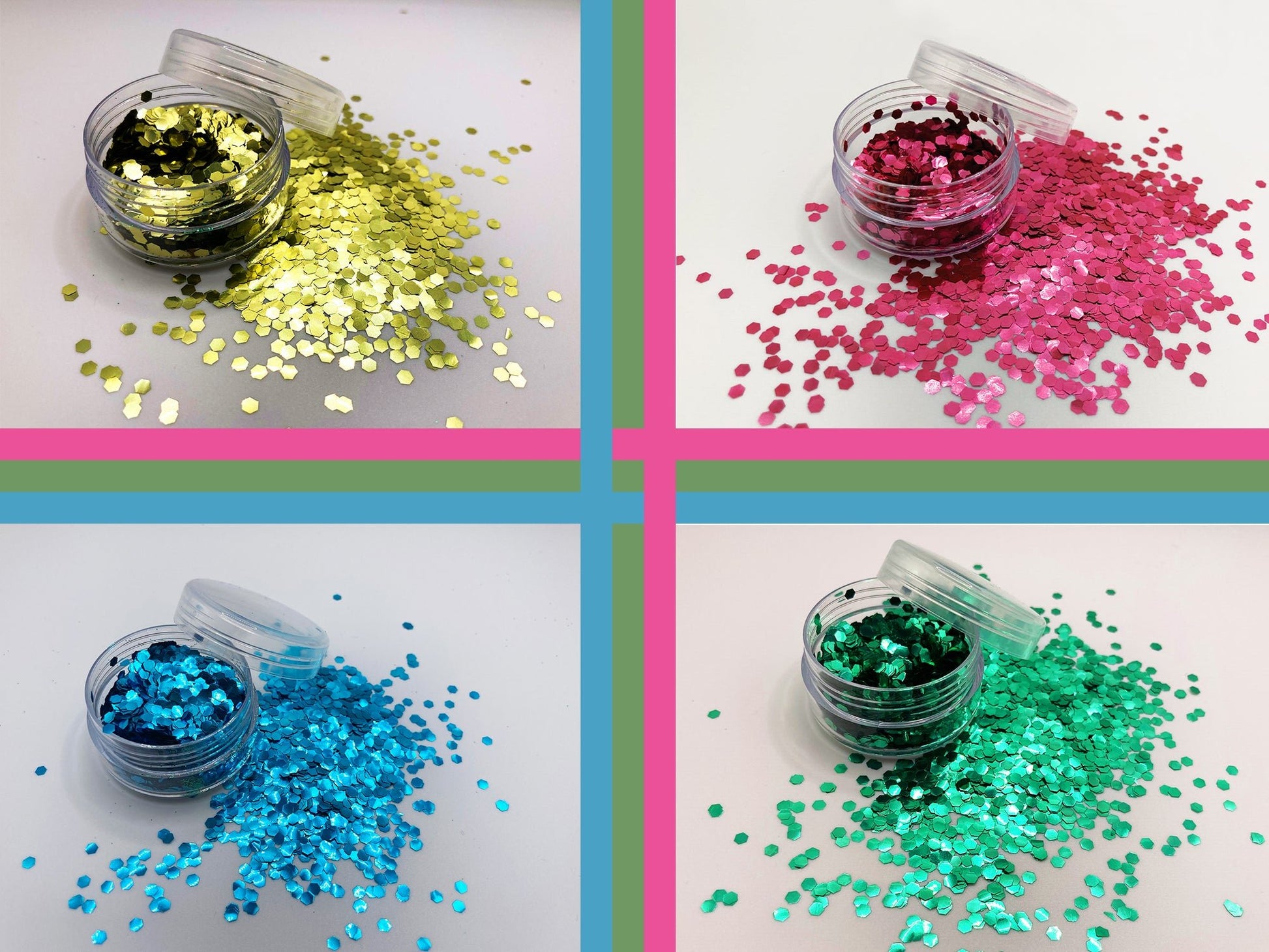 Bundle pack: blauw, groen, goud en roze biologisch afbreekbare festival glitters - EcoGlitterWorld